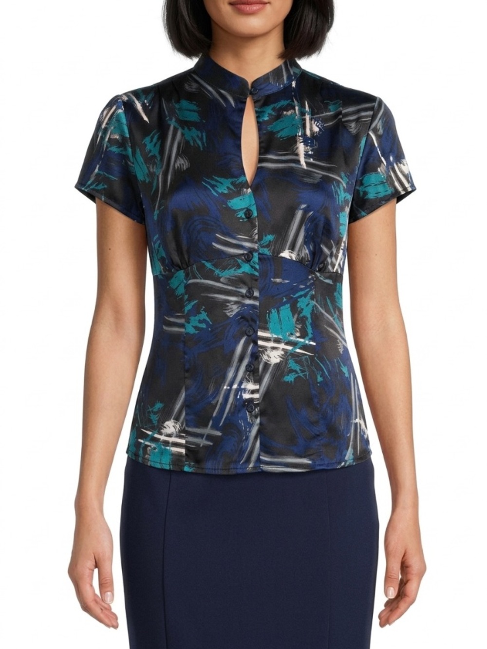 APT. 9 Satin Y2k 90's Keyhole Button Down Short Sleeve Office Work Blouse Sp